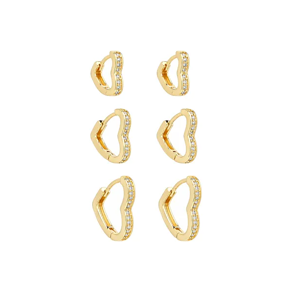 Trio Dourado Argolas de Coração Cravejadas de Zircônia